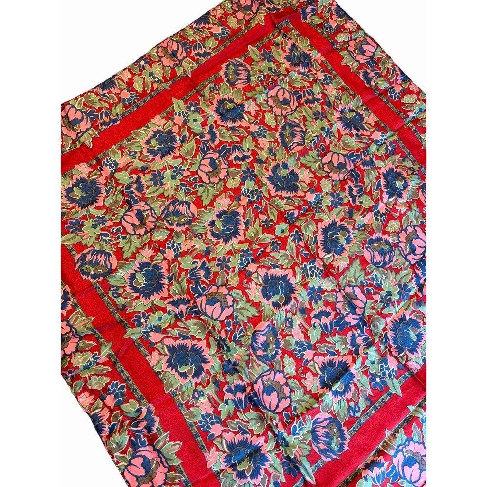 Floral 100% Silk Square Scarf Red Pink 27"x 27" Women Spring Summer Hand Rolled